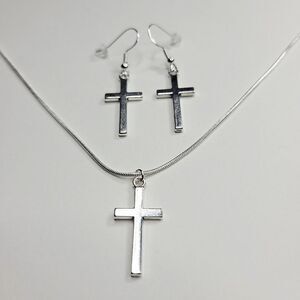 BOGO Buy Bright Silver Color Christian Cross Necklace Get Free Matching Earrings